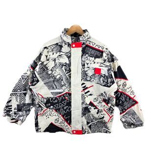 Vintage 80s Move Sport Small Jacket White Black Graffiti Print AOP Floral Hooded